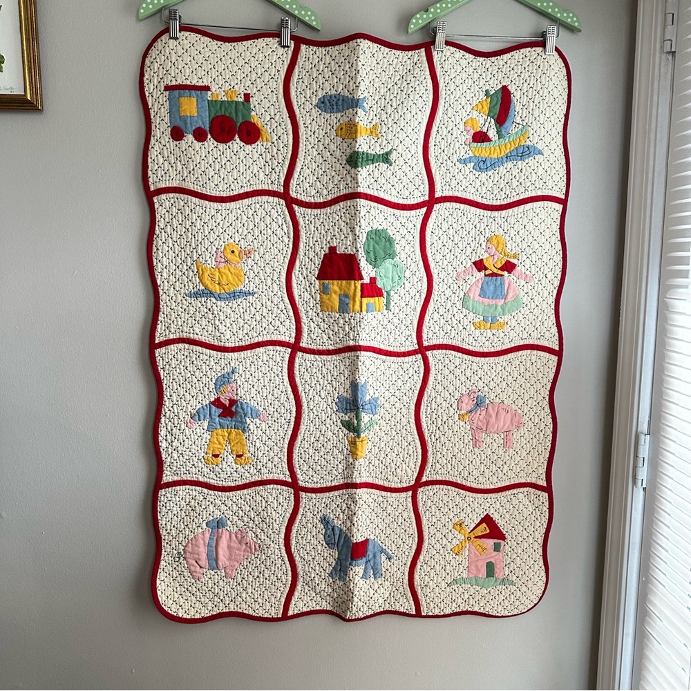 Vintage 1937 Handmade Patchwork Quilt with Red Trim